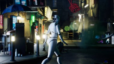 Dişi robot büyük bir şehirde cadde boyunca yürüyor. İnsansı yapay zeka robot caddeyi geçiyor. 3 boyutlu görüntüleme. gelecekteki otomasyon işi