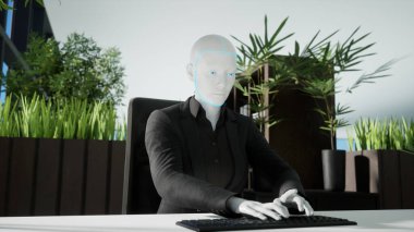 Modern ofiste çalışan insansı robotların 3 boyutlu canlandırması, gelecek konsepti.