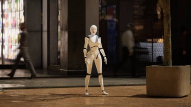 Kadın robot büyük bir şehirde bir caddede kalıyor ve etrafa bakınıyor. İnsanlar arasında insansı yapay zeka robotu. 3 boyutlu görüntüleme. gelecek konsept.