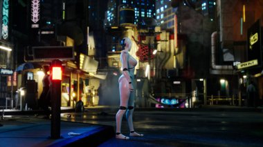 Dişi robot büyük bir şehirde cadde boyunca yürüyor. İnsansı yapay zeka robot caddeyi geçiyor. 3 boyutlu görüntüleme. gelecekteki otomasyon işi