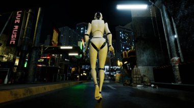 Dişi robot büyük bir şehirde cadde boyunca yürüyor. İnsansı yapay zeka robot caddeyi geçiyor. 3 boyutlu görüntüleme. gelecekteki otomasyon işi