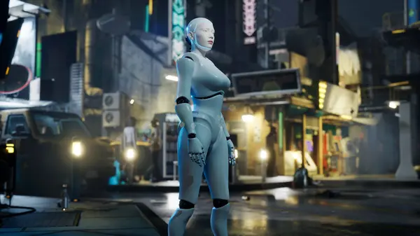 female robot walking along a street in a big city. humanoid AI robot crossing street. 3d render. future automation job