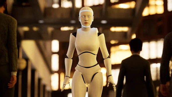 Female Robot Walking Street Big City Humanoid Robot Crossing Street — Stock Photo, Image