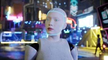 Dişi robot büyük bir şehirde cadde boyunca yürüyor. İnsansı yapay zeka robot caddeyi geçiyor. 3 boyutlu görüntüleme. gelecekteki otomasyon işi