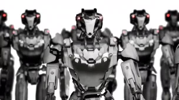 Representación Caminar Ejército Robótica Grupo Industrial Máquinas Cyborg Sobre Fondo — Vídeo de stock