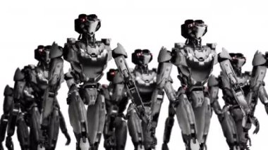 Yürüyen robotlar ordusu, beyaz ve yeşil ekranlı arka planda endüstriyel sayborg makineler grubu.