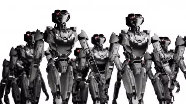 歩行ロボット軍の3Dレンダリング 白と緑のスクリーンスタジオの背景にサイボーグマシンの産業グループ — ストック動画