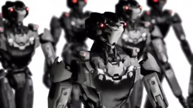 Yürüyen robotlar ordusu, beyaz ve yeşil ekranlı arka planda endüstriyel sayborg makineler grubu.