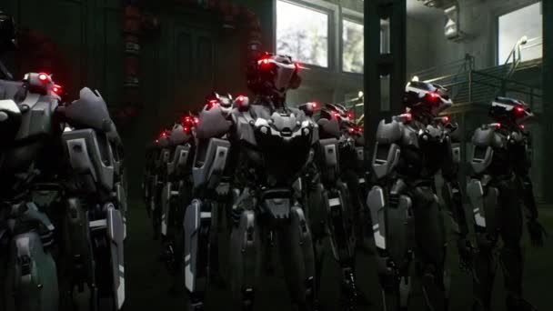 Renderowanie Robotyki Armii Grupy Przemysłowej Maszyn Cyborg Tle Fabrycznym Futurystyczny — Wideo stockowe
