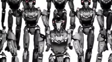 Yürüyen robotlar ordusu, beyaz ve yeşil ekranlı arka planda endüstriyel sayborg makineler grubu.