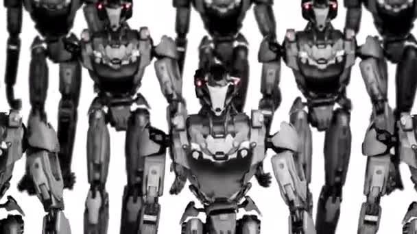 Vykreslování Chodící Robotiky Armády Průmyslové Skupiny Kyborgů Strojů Bílém Zeleném — Stock video