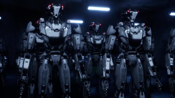 Rendering Van Robotica Leger Industriële Groep Van Cyborg Machines Fabrieksachtergrond — Stockvideo