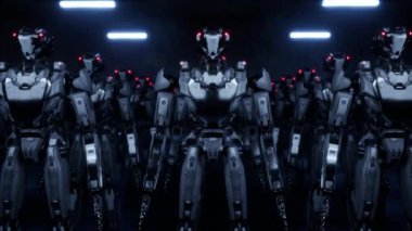 3D robot ordusu, fabrika arka planında endüstriyel sayborg makineler. Gelecekçi yapay zeka robot takımı, yapay zeka teknolojisi konsepti