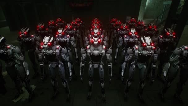 Robot Ordusu Fabrika Arka Planında Endüstriyel Sayborg Makineler Gelecekçi Yapay — Stok video
