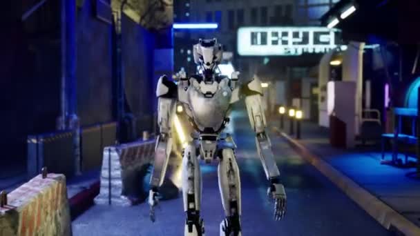 Roboten Går Längs Gata Storstad Humanoid Robot Korsar Gatan Animation — Stockvideo