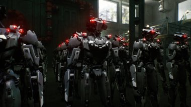 3D robot ordusu, fabrika arka planında endüstriyel sayborg makineler. Gelecekçi yapay zeka robot takımı, yapay zeka teknolojisi konsepti