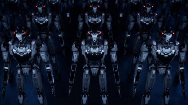Yürüyen robotlar ordusu, beyaz ve yeşil ekranlı arka planda endüstriyel sayborg makineler grubu.