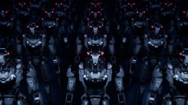 Yürüyen robotlar ordusu, beyaz ve yeşil ekranlı arka planda endüstriyel sayborg makineler grubu.
