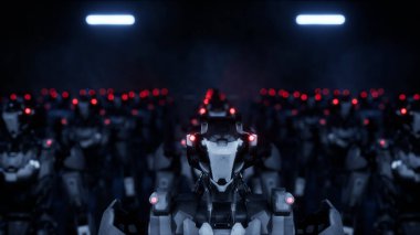 Yürüyen robotlar ordusu, beyaz ve yeşil ekranlı arka planda endüstriyel sayborg makineler grubu.