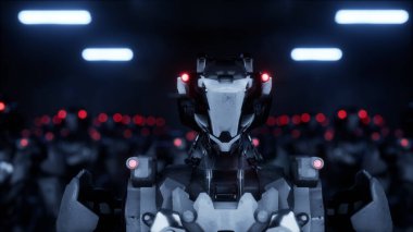 Yürüyen robotlar ordusu, beyaz ve yeşil ekranlı arka planda endüstriyel sayborg makineler grubu.