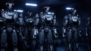 Yürüyen robotlar ordusu, beyaz ve yeşil ekranlı arka planda endüstriyel sayborg makineler grubu.