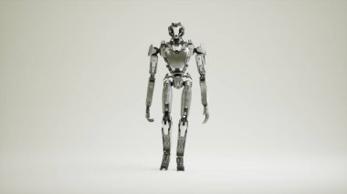 Yürüyen robotlar ordusu, beyaz ve yeşil ekranlı arka planda endüstriyel sayborg makineler grubu.