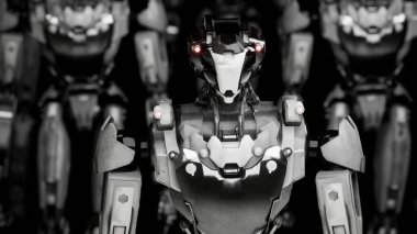 Yürüyen robotlar ordusu, beyaz ve yeşil ekranlı arka planda endüstriyel sayborg makineler grubu.