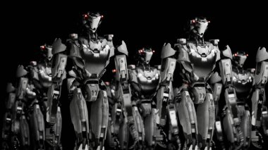 Yürüyen robotlar ordusu, beyaz ve yeşil ekranlı arka planda endüstriyel sayborg makineler grubu.