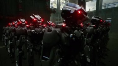 3D robot ordusu, fabrika arka planında endüstriyel sayborg makineler. Gelecekçi yapay zeka robot takımı, yapay zeka teknolojisi konsepti