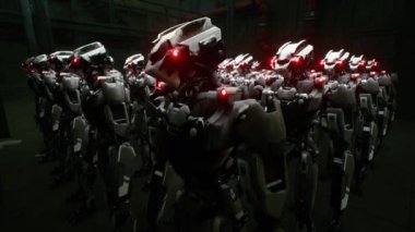 3D robot ordusu, fabrika arka planında endüstriyel sayborg makineler. Gelecekçi yapay zeka robot takımı, yapay zeka teknolojisi konsepti
