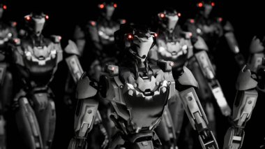 Yürüyen robotlar ordusu, beyaz ve yeşil ekranlı arka planda endüstriyel sayborg makineler grubu.