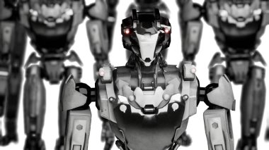 Yürüyen robotlar ordusu, beyaz ve yeşil ekranlı arka planda endüstriyel sayborg makineler grubu.