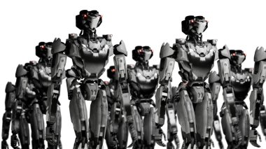 Yürüyen robotlar ordusu, beyaz ve yeşil ekranlı arka planda endüstriyel sayborg makineler grubu.