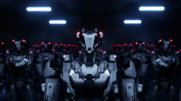 3d rendering of walking robotics army, industrial group of cyborg machines on white and green screen studio background