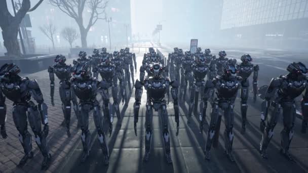 Rendering Van Robotica Leger Industriële Groep Van Cyborg Machines Fabrieksachtergrond — Stockvideo