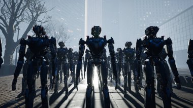 3D robot ordusu, fabrika arka planında endüstriyel sayborg makineler. Gelecekçi yapay zeka robot takımı, yapay zeka teknolojisi konsepti