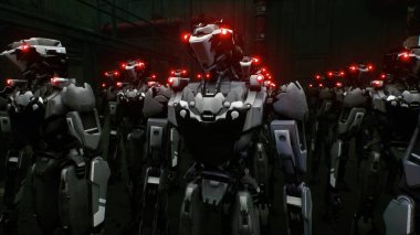 3D robot ordusu, fabrika arka planında endüstriyel sayborg makineler. Gelecekçi yapay zeka robot takımı, yapay zeka teknolojisi konsepti