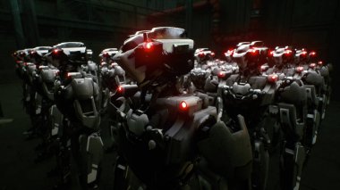 3D robot ordusu, fabrika arka planında endüstriyel sayborg makineler. Gelecekçi yapay zeka robot takımı, yapay zeka teknolojisi konsepti