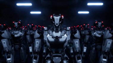 Yürüyen robotlar ordusu, beyaz ve yeşil ekranlı arka planda endüstriyel sayborg makineler grubu.