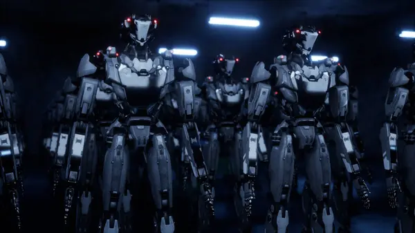 3d rendering of walking robotics army, industrial group of cyborg machines on white and green screen studio background