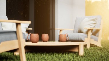 Modern terasta tasarım ve mobilya. 3d hazırlayıcı.