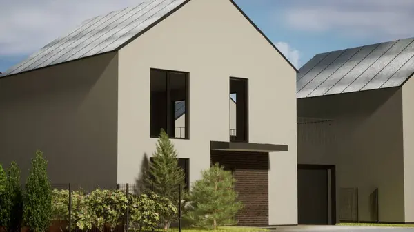 Architecture 3d rendering illustration of modern minimal house in cottage development.