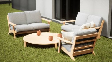 Modern terasta tasarım ve mobilya. 3d hazırlayıcı.