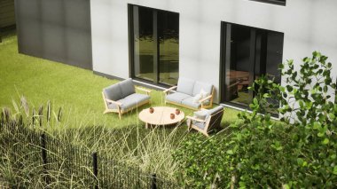 Modern terasta tasarım ve mobilya. 3d hazırlayıcı.