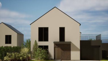 Mimari 3D tasviri, kulübe gelişimindeki modern asgari evin tasviri.