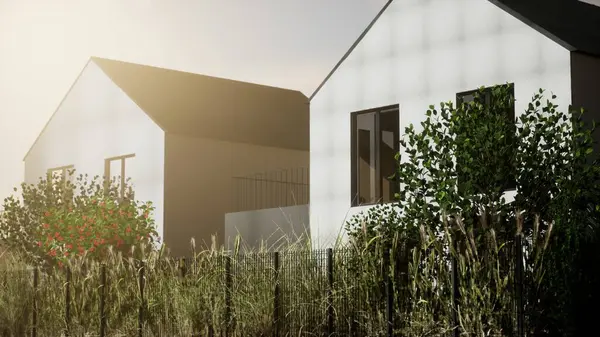 Architecture 3d rendering illustration of modern minimal house in cottage development.