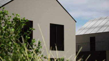 Mimari 3D tasviri, kulübe gelişimindeki modern asgari evin tasviri.