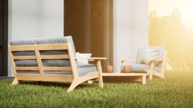 Modern terasta tasarım ve mobilya. 3d hazırlayıcı.