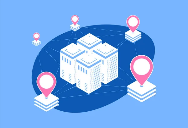 stock vector DN Content delivery network - geographically distributed network of proxy servers, data centers and interconnected servers. Vector illustration