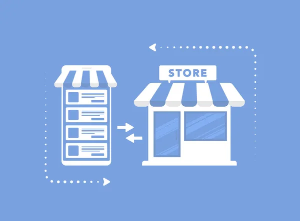 O2O Online Offline Commerce Geschäftskonzept Mit Mobilem Shop Und Baumarkt — Stockvektor